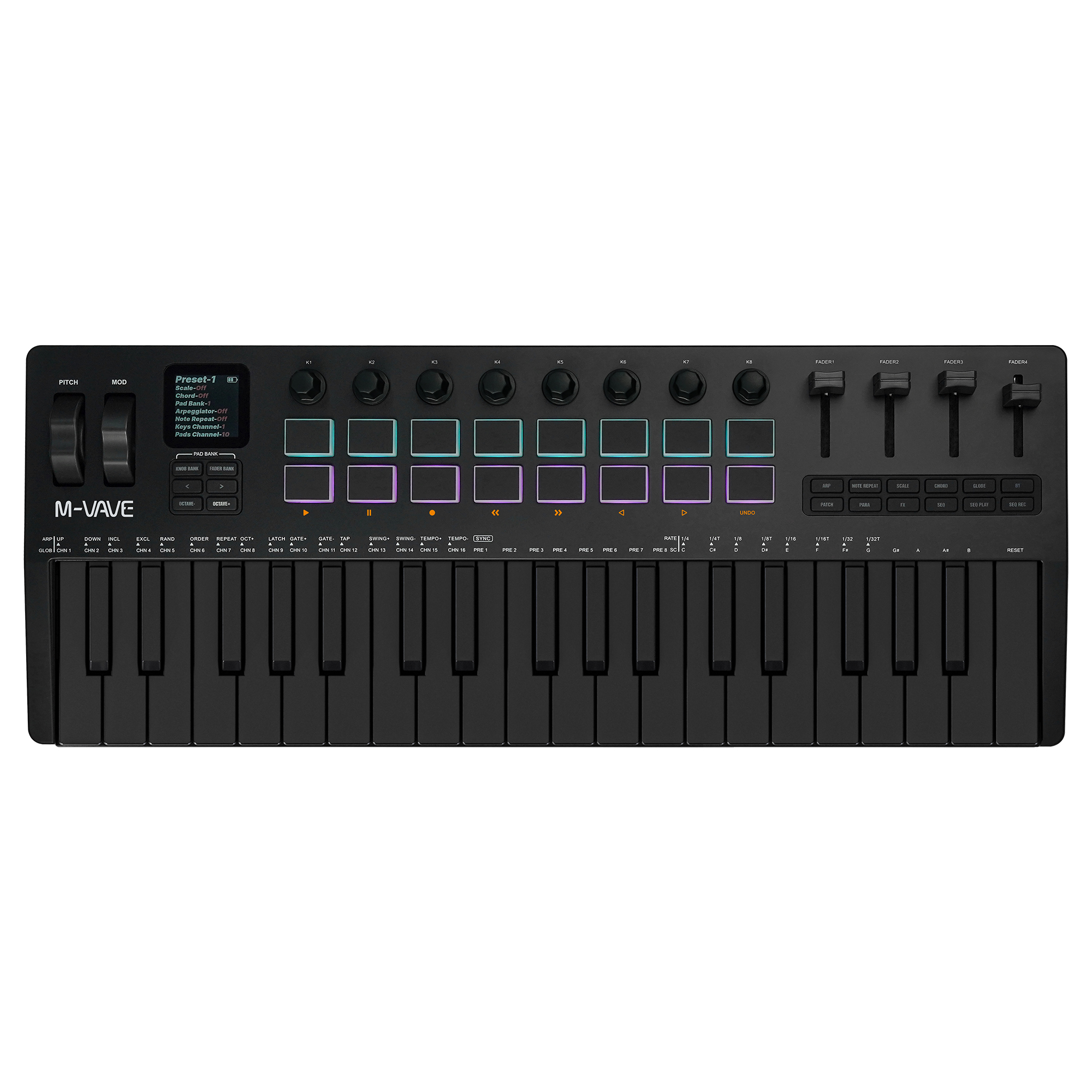 M-Vave SMK-37 PRO คีย์บอร์ด MIDI แบบพกพา 37 คีย์, 16 แผ่น RGB 4 Faders 8 Encoders, เครื่องยนต์ DX-7 