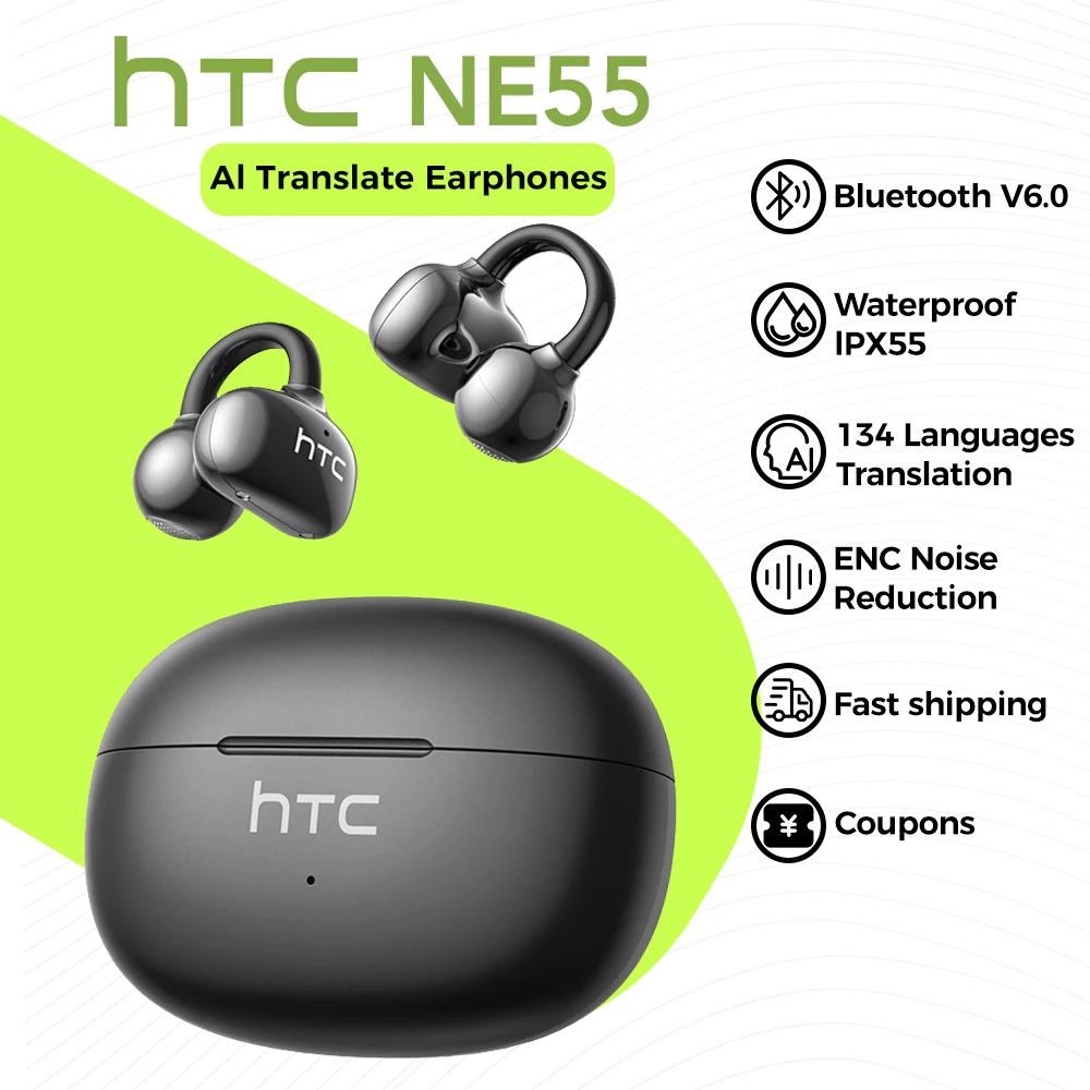 HTC NE55 หูฟังแปลภาษาอัจฉริยะ AI เรียลไทม์ บลูทูธ 6.0 แบบหนีบ เสียง HiFi สเตอริโอ ตัดเสียงรบกวน เหมา