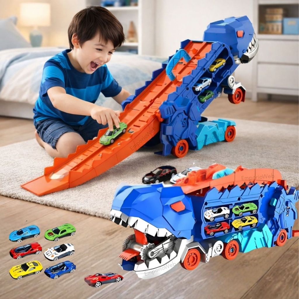 รถบรรทุกไดโนเสาร์ T-Rex พร้อมรถม้าและรางของเล่นสําหรับเด็ก