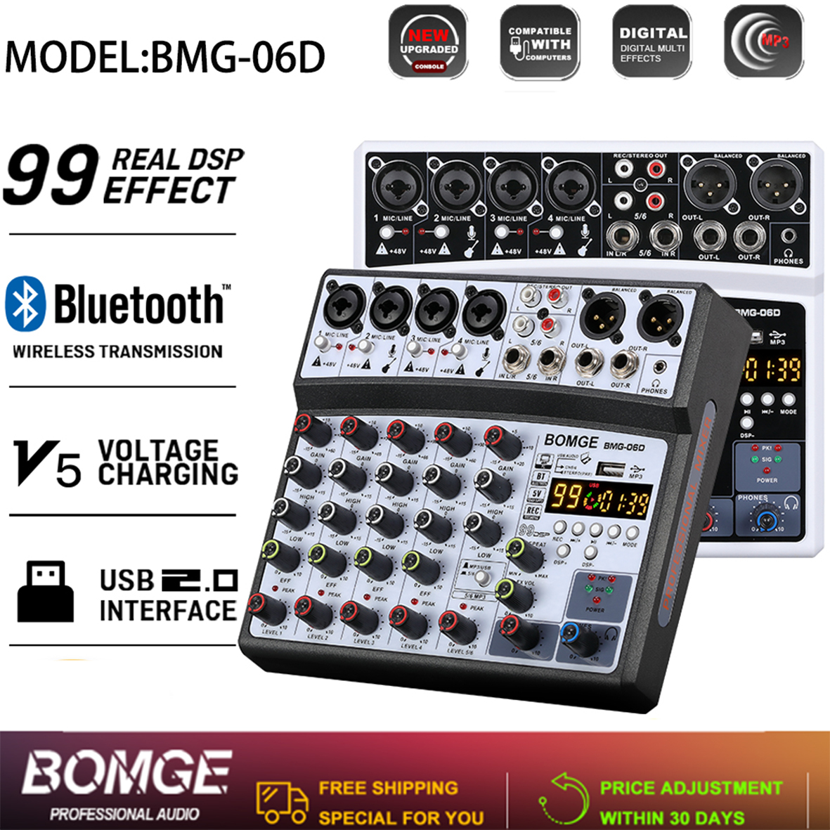 BOMGE Professional 6 ช่อง DJ Audio Audio Mixer อินเทอร์เฟซ MP3 USB Bluetooth 99DSP Pro HiFi