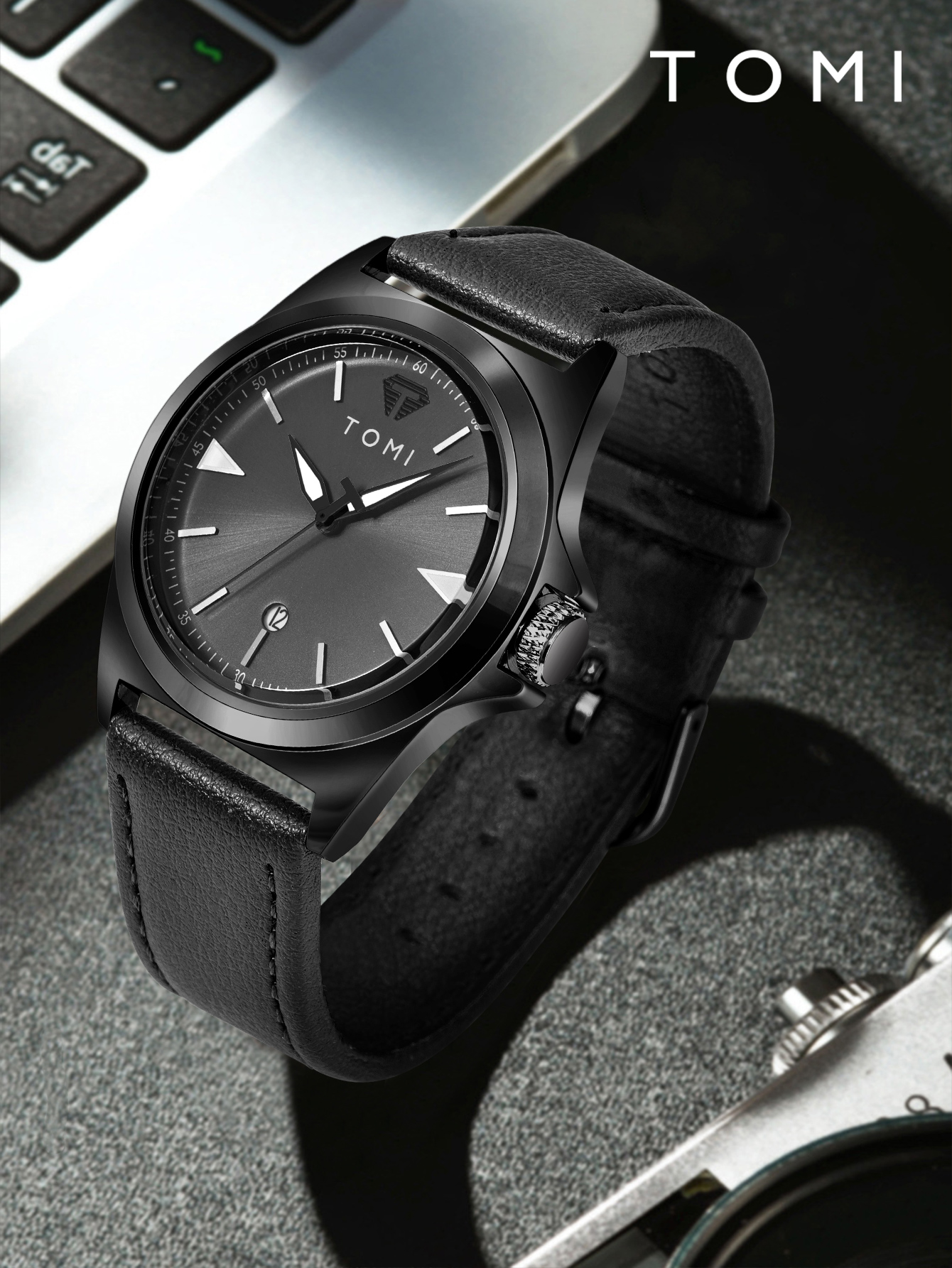 TOMI Mens Business Watch Matte Black Dial Triangle Mark Black Strap Date Waterproof Wear-resistant น