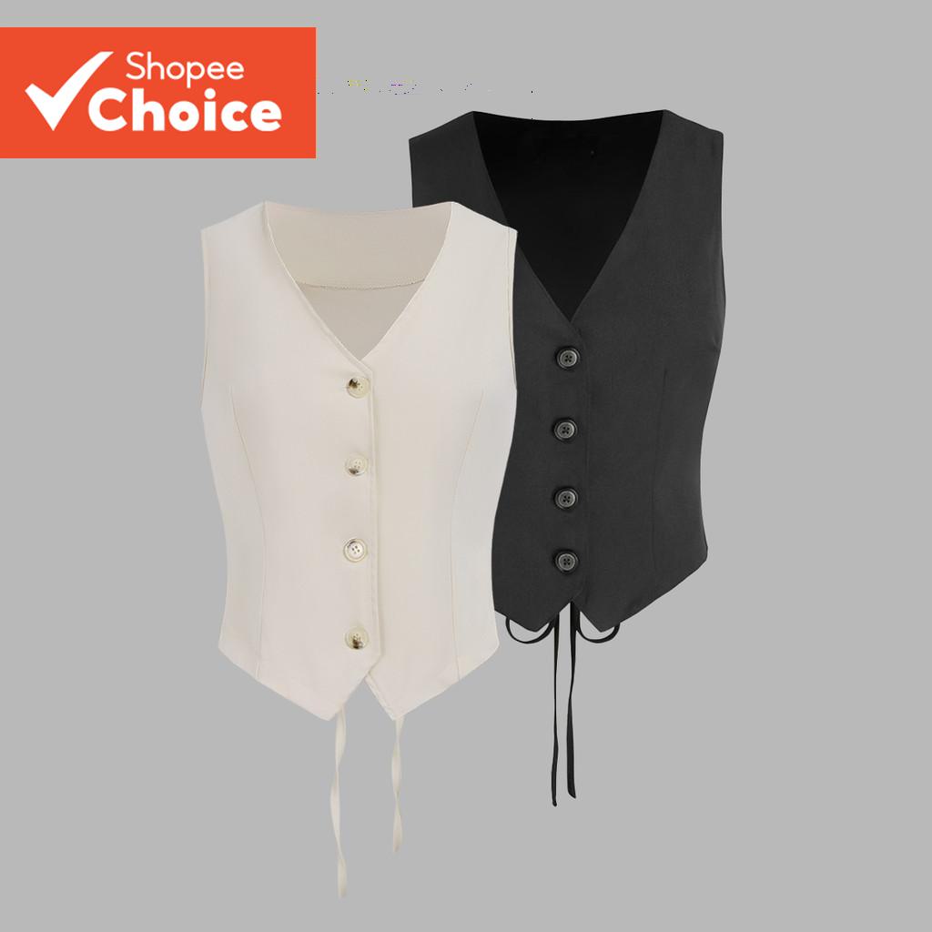 เสื้อกล้ามผู้หญิงแบบเรียบผูกเชือก L67AD041 (สีดํา)