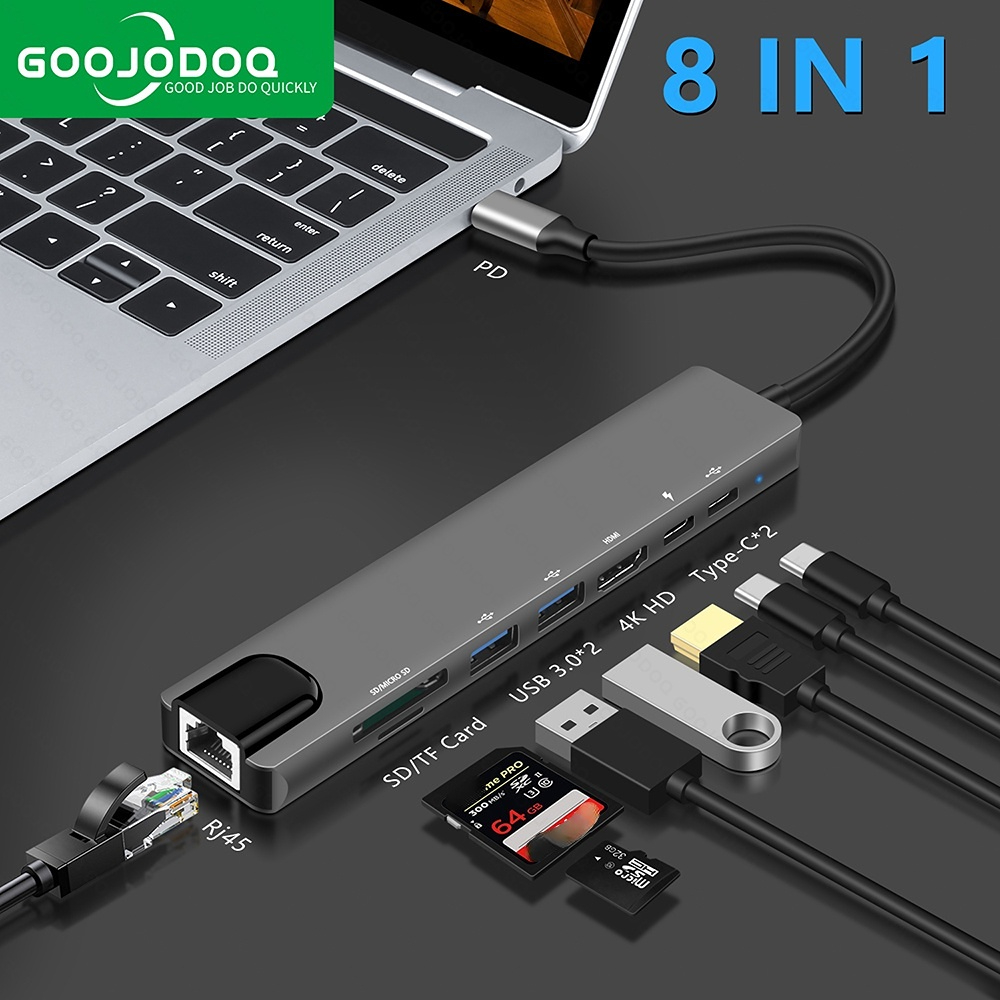 Goojodoq ฮับ USB C 8-In-1 Type C 3.1 เป็น HDMI 4K RJ45 PD ชาร์จเร็ว SD TF Card Reader Dock