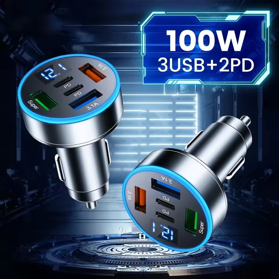 USB C 100w 5 พอร์ต Car Charger Pd Qc3.0 Fast Charging Adapter จอแสดงผลแรงดันไฟฟ้า LED สําหรับ Iphone Samsung Huawei สําหรับ Xiaomi