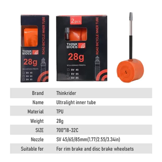 ThinkRider 1 ชิ้น ท่อในจักรยานถนน TPU 28 กรัม 700x18/25/28/32 มม. วาล์วฝรั่งเศส ยาว 65 มม.