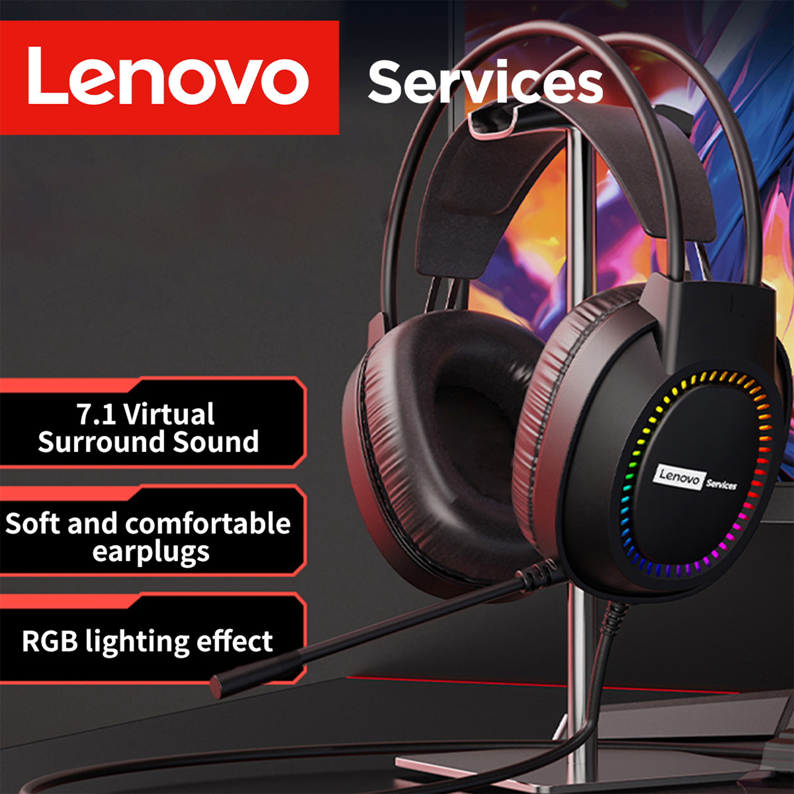 หูฟังเกมมิ่ง Lenovo แบบครอบหู พร้อมไมโครโฟน มีไฟ RGB ดีไซน์เท่ เหมาะสําหรับคอมพิวเตอร์ตั้งโต๊ะและแล็ปท็อป หูฟังตัดเสียงรบกวน ใส่สบาย