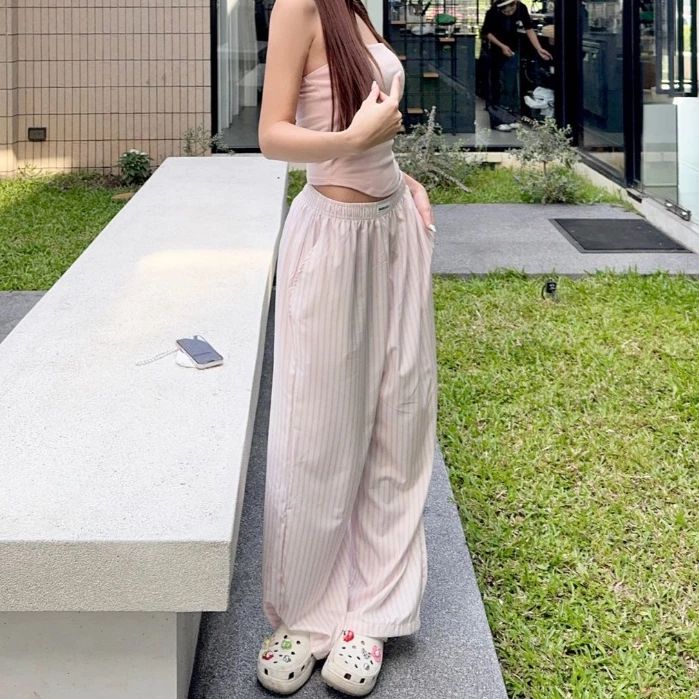 BABEJUB.X KATHY PANTS กางเกงขายาวผู้หญิงลายทาง ผ้าสบาย เอวยางยืด เชือกผูกหน้ากางเกงลายริ้ว ลุคลำลองน่ารักมาก
