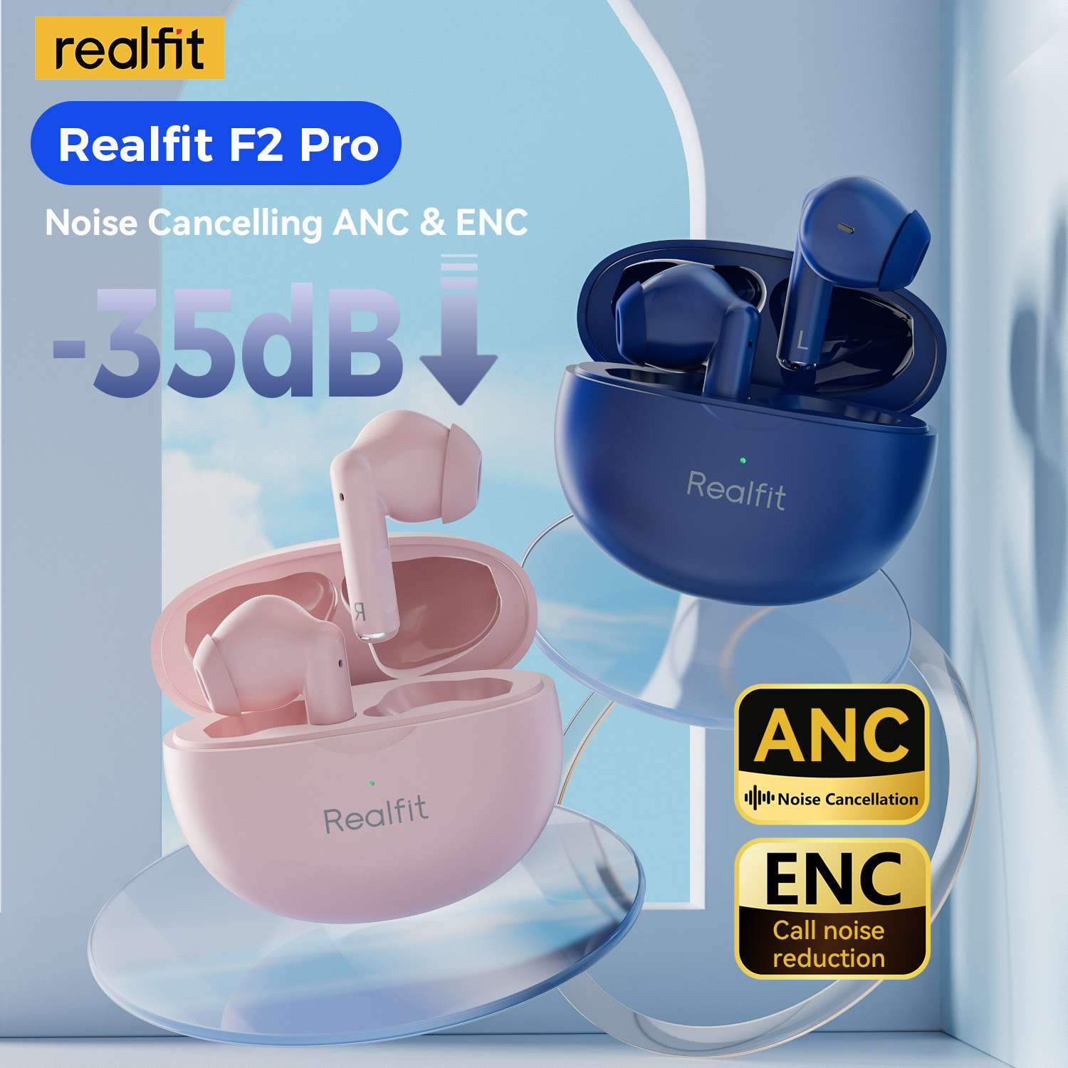 หูฟัง Realfit F2 Pro หูฟัง TWS หูฟังไร้สายบลูทูธ ANC ไฮไฟสเตอริโอ ENC 4 ไมค์สําหรับเล่นเกม