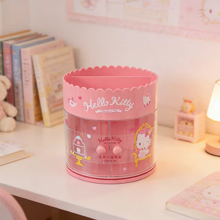 MINISO Sanrio ตัวละคร ซีรีส์ Afternoon Tea กล่องเก็บของตั้งโต๊ะแบบประตูคู่หมุนได้ ขนาด 13.5 ซม. × 13 ซม. × 14 ซม.
