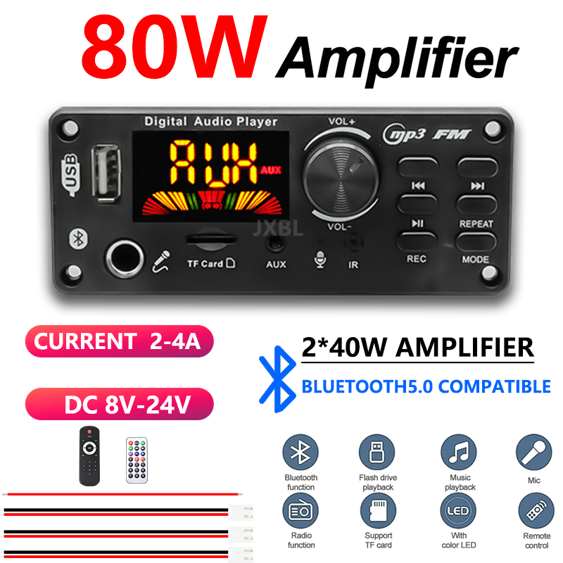 แผงขยายเสียงบลูทูธ กําลังขับ 80W แรงดันกว้าง 8V-24V พร้อมจอแสดงผล เคสพลาสติก สําหรับเครื่องเสียง DIY