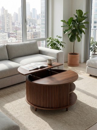 Lift Top Coffee Table with Storage – Small Sliding Door Fluted Round Walnut for Living Room