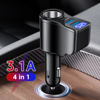 ที่ชาร์จในรถแบบ 4-in-1 มีหน้าจอแสดงผลดิจิตอล 2 USB 1 Type C ชาร์จเร็ว 3 พอร์ต สีดํา สําหรับใช้ในรถยนต์