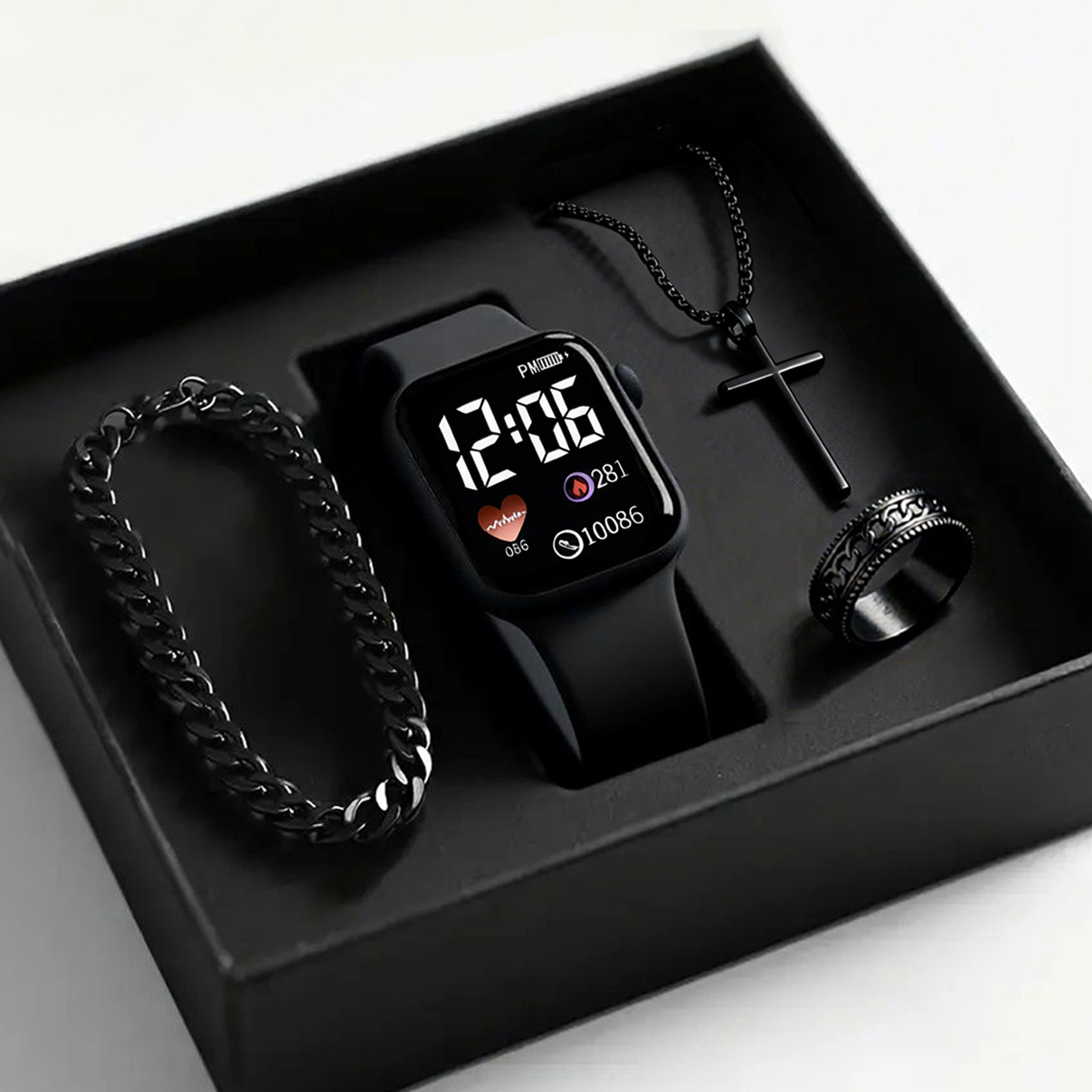 Kids Boys LED Digital watch for baby boy&girl ชุด 4 ชิ้น สายซิลิโคน Night-light Display สร้อยข้อมือสร้อยคอของขวัญ