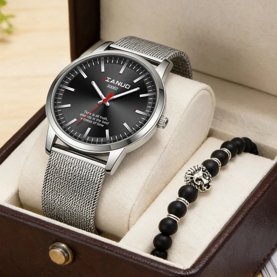 Minimalist Mens Mesh Strap Watch 2 ชิ้นชุด Ultra-Thin Quartz กีฬากันน้ําของขวัญสําหรับชาย