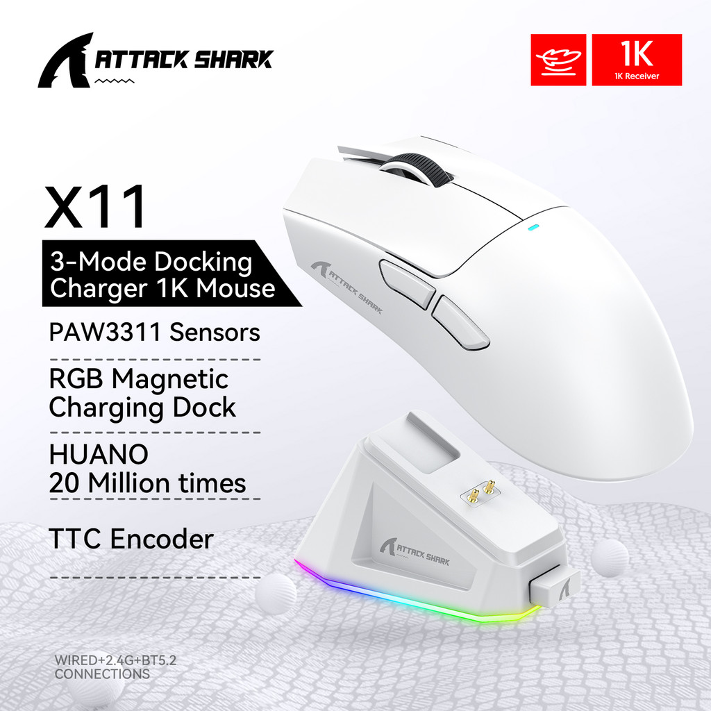เมาส์เกมมิ่งไร้สาย Attack Shark X11 3 โหมด พร้อมเซ็นเซอร์ PixArt PAW3395 และฐาน RGB
