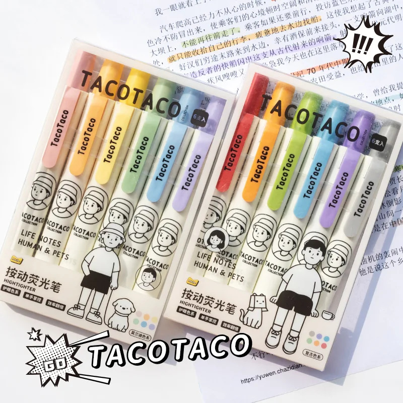 ทาโก้ สีปากกาเน้นข้อความ ชุด 6 ชิ้น ลายการ์ตูนมนุษย์สัตว์เลี้ยง สําหรับวาดศิลปะ มาร์กเกอร์