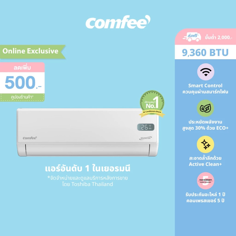 Comfee เครื่องปรับอากาศ Gusto แอร์ Inverter 9360-24500 BTU