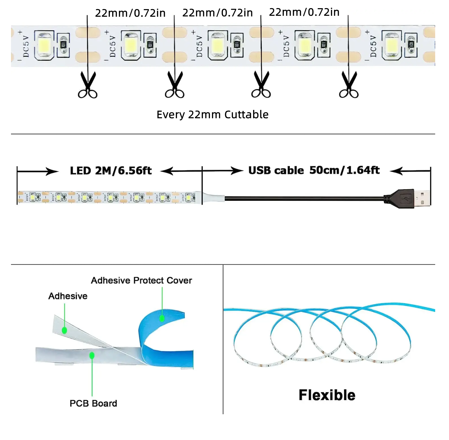 DC 5V USB 2835 แถบไฟ LED 1-5M – เทปยืดหยุ่นสีขาว/สีขาวอบอุ่นสําหรับพื้นหลังทีวีตกแต่งบ้าน