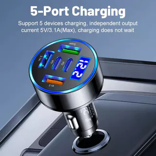 ที่ชาร์จรถยนต์ 5 พอร์ต อะแดปเตอร์ชาร์จเร็วแบบ USB-C PD QC3.0 สําหรับ iPhone, Samsung, Huawei, Xiaomi