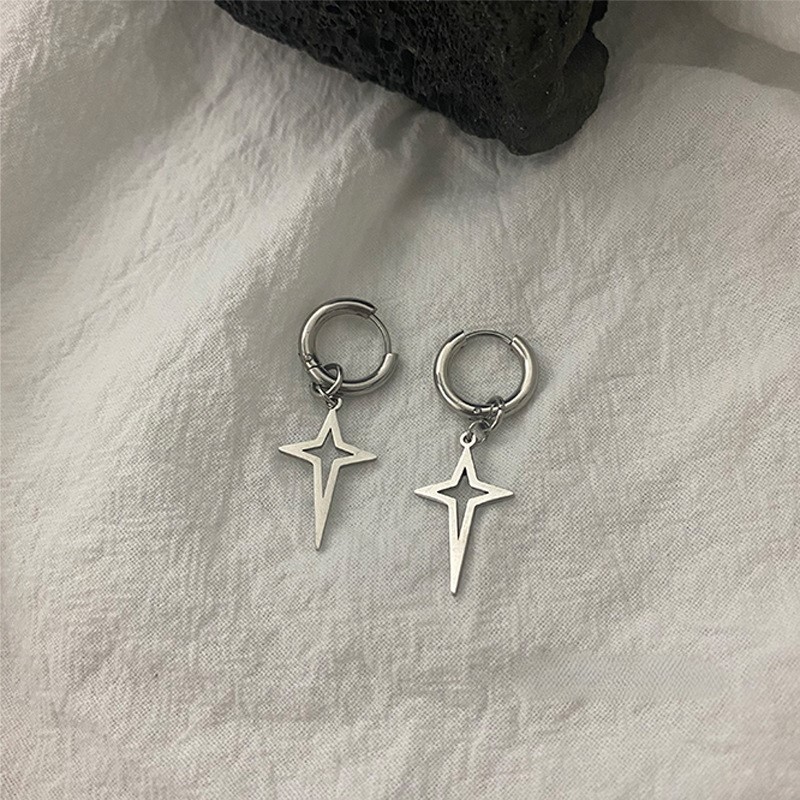 ต่างหูห่วงเหล็กไทเทเนียมสไตล์พังก์มินิมอล Unisex เครื่องประดับแบบหัวเข็มขัด ห่วงห้อยรูปดาวกางเขน กลวง สีเงินขัดมัน ราคา ถูกที่สุด ดีลบีเคเค แกลเลอรีภาพที่ 7