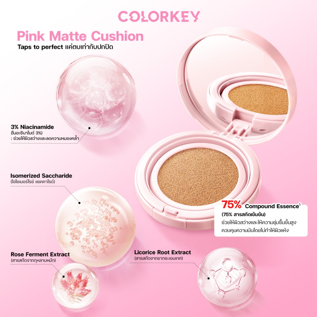 COLORKEY Pink Matte Cushion Long Lasting Flawless Brightening SPF50+ PA++++ คุชชั่นเนื้อแมตต์ กันแดด กันน้ำ กันเหงื่อ