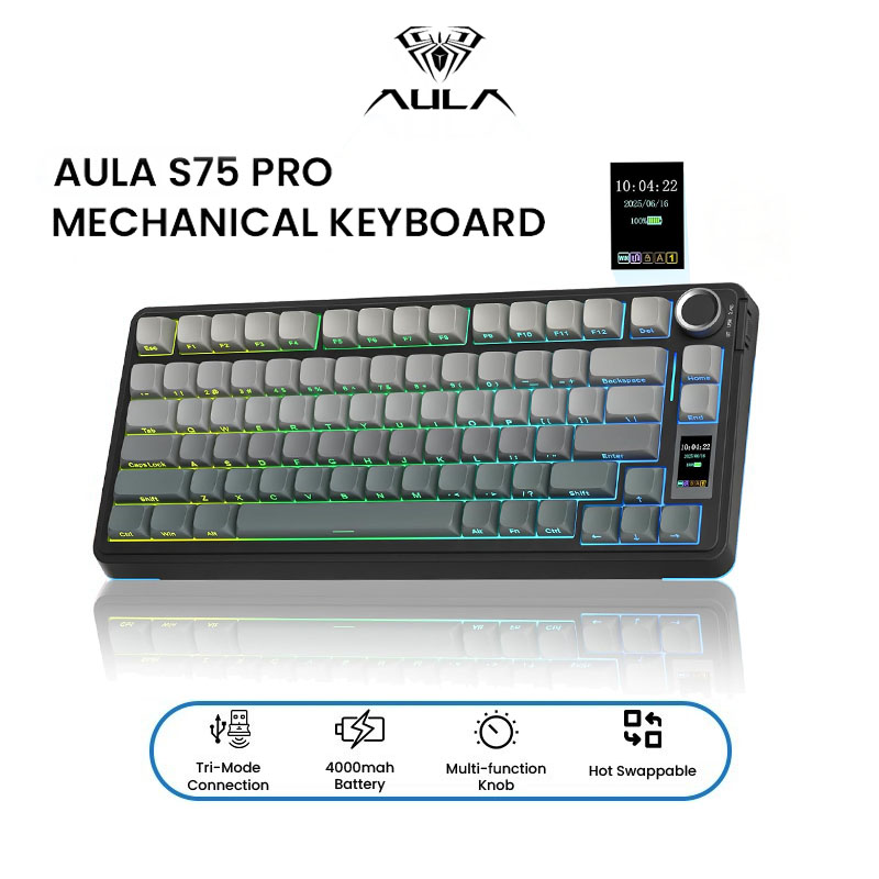  คีย์บอร์ดกลไกไร้สาย AULA S75pro โหมดสามแบบ Bluetooth/2.4G/USB-C พร้อมไฟ RGB คีย์บอร์ดเกมมิ่ง ปุ่มกด PBT แบบถอดเปลี่ยนร้อน พร้อมลูกบิดฟังก์ชันอเนกประสงค์