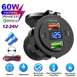 ใหม่ 60W ที่ชาร์จ USB 4 พอร์ต พร้อม LED โวลต์มิเตอร์ รองรับ Dual PD & Dual QC3.0 ชาร์จเร็ว กันน้ํา สําหรับรถยนต์ เรือ มอเตอร์ไซค์ 12/24V