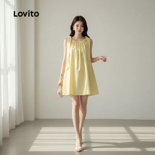 Lovito เดรสผู้หญิงสีเหลือง ผูกโบว์ สําหรับฤดูร้อน L166AD335