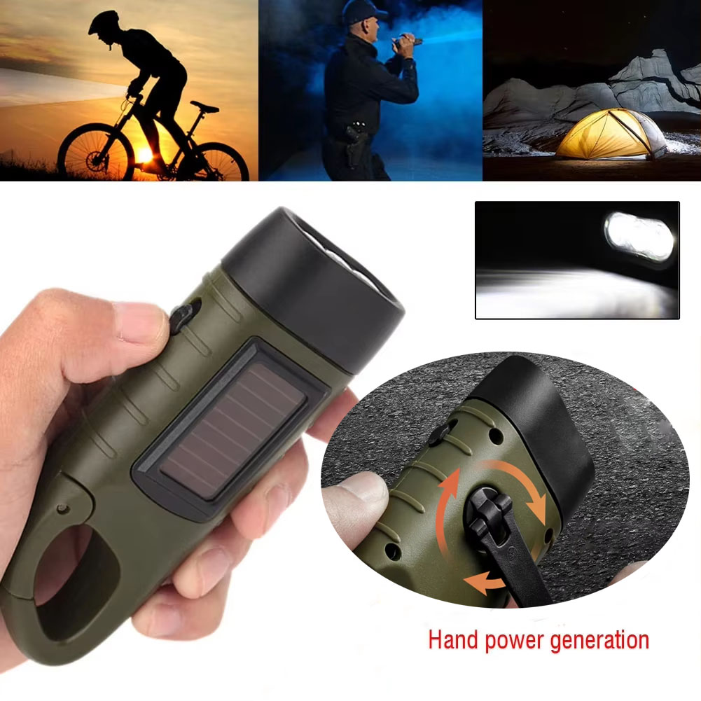 ไฟฉายพลังงานแสงอาทิตย์มือหมุนไดนาโมโคมไฟ นํา แบบชาร์จไฟได้ชาร์จไฟฉายทรงพลัง