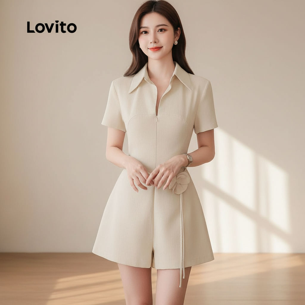 Lovito ชุดจั๊มสูทผู้หญิงซิปตกแต่งลายแฟชั่นฤดูใบไม้ผลิฤดูร้อนสีไลท์คากี L172ED1002