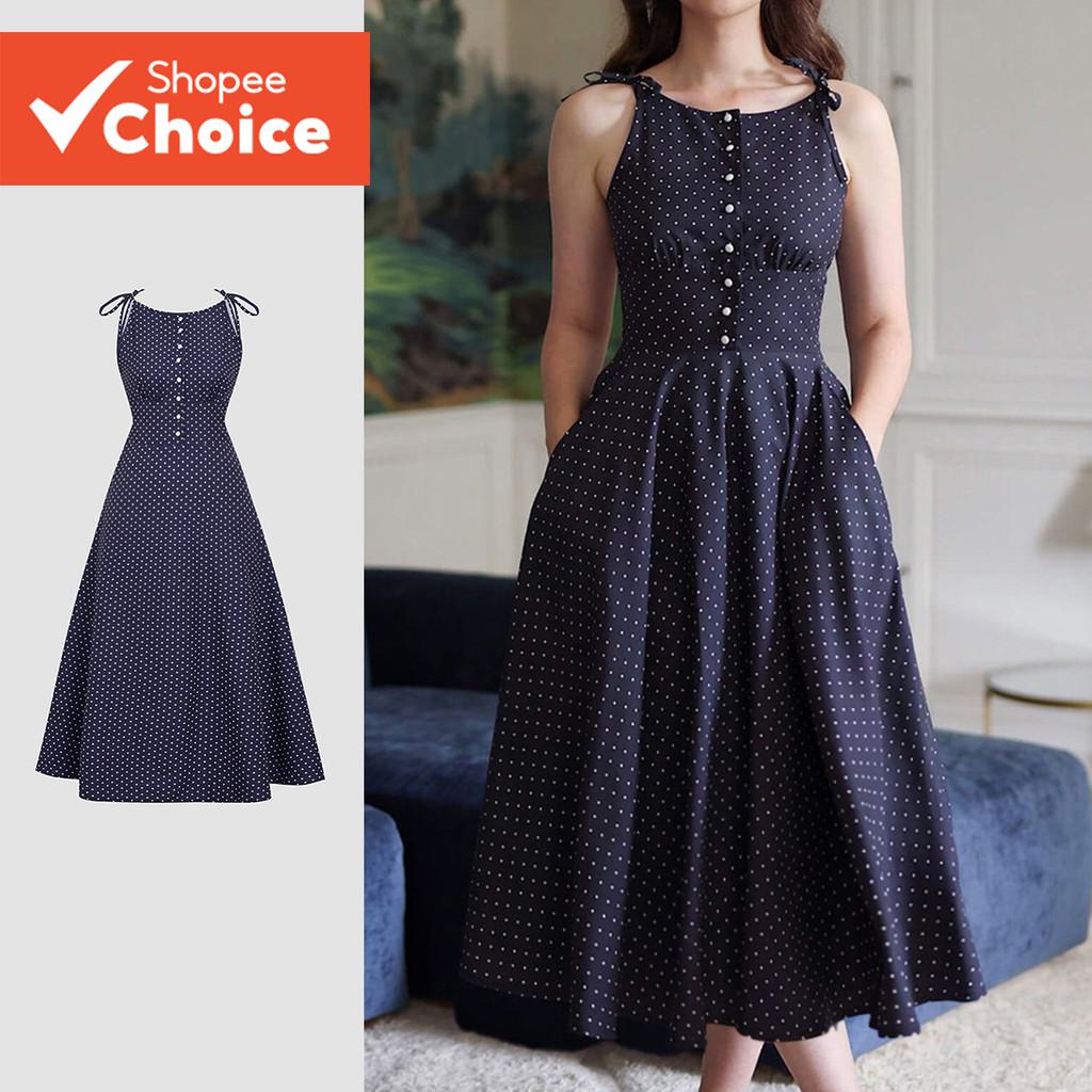 Lovito x Jenela เดรสผู้หญิงสไตล์เรียบหรู กระดุมหน้า ผูกด้านหน้า สีฟ้าปรัสเซีย สําหรับฤดูใบไม้ผลิ/ฤดู