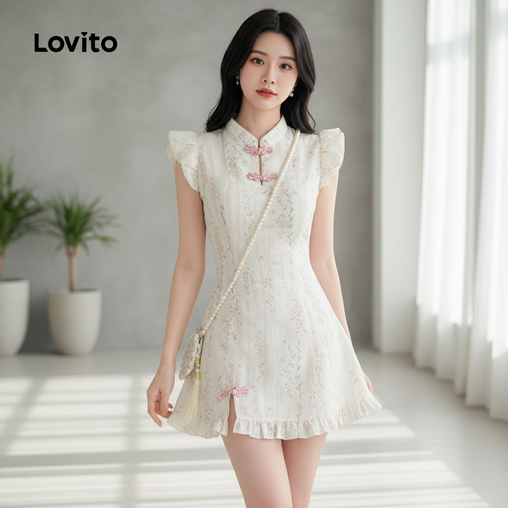 Lovito ชุดเดรสสีชมพูจีนโมเดิร์นสําหรับฤดูใบไม้ผลิและฤดูร้อน มีซิปและกระดุม L171ED001