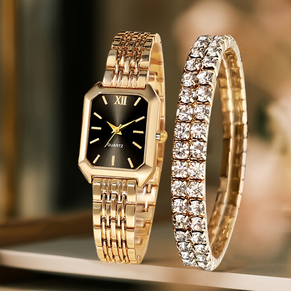 VMI ชุดสร้อยข้อมือนาฬิกาสแตนเลส – 2 ชิ้น Rhinestone Quartz Timepiece สุภาพสตรีหรูหรา Wristwear วันที่ Night เครื่องประดับของขวัญ