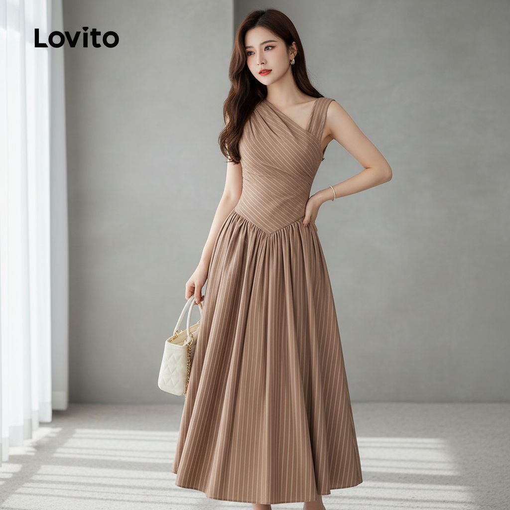 Lovito สง่างาม ชุดเดรสผู้หญิงสีน้ําตาลฤดูใบไม้ผลิ/ฤดูร้อน ดีไซน์ไม่สมมาตร L164LD247