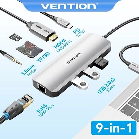 Vention ฮับ USB C, USB C ต่อ HDMI, ด็อกกิ้งสเตชั่น 4K 30Hz, 3.0 RJ45, SD, TF, 3.5mm, PD 100W, พอร์ตอ