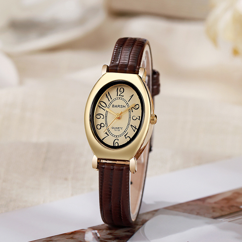 ฤดูใบไม้ผลิวินเทจรูปไข่สายหนังผู้หญิงs Elegant Luxury นาฬิกาขนาดเล็ก Barrel Dial ของขวัญ