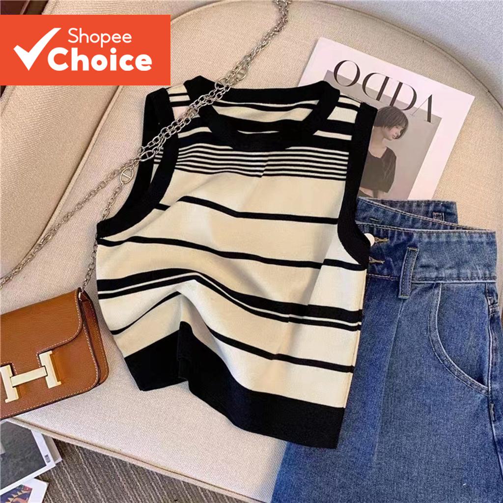 Lovito เสื้อถักแขนกุดคอปกตัดสีแนวลําลองสําหรับผู้หญิง รุ่น LNA07134 (ชมพู/ดําขาว)