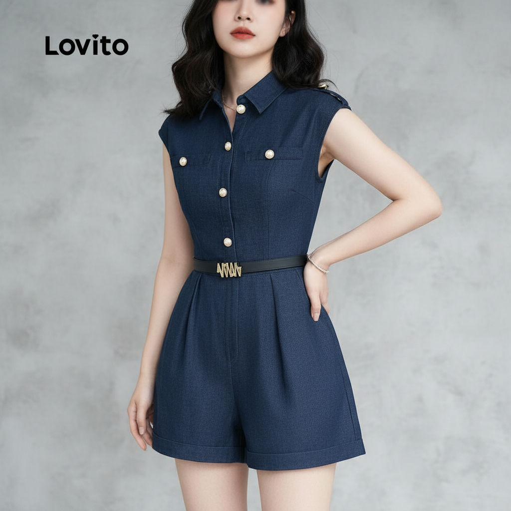 Lovito จั๊มสูทผู้หญิง สไตล์ลําลอง สีน้ําเงินเข้ม มีกระเป๋าปลอม สําหรับฤดูใบไม้ผลิ ฤดูร้อน L157ED184