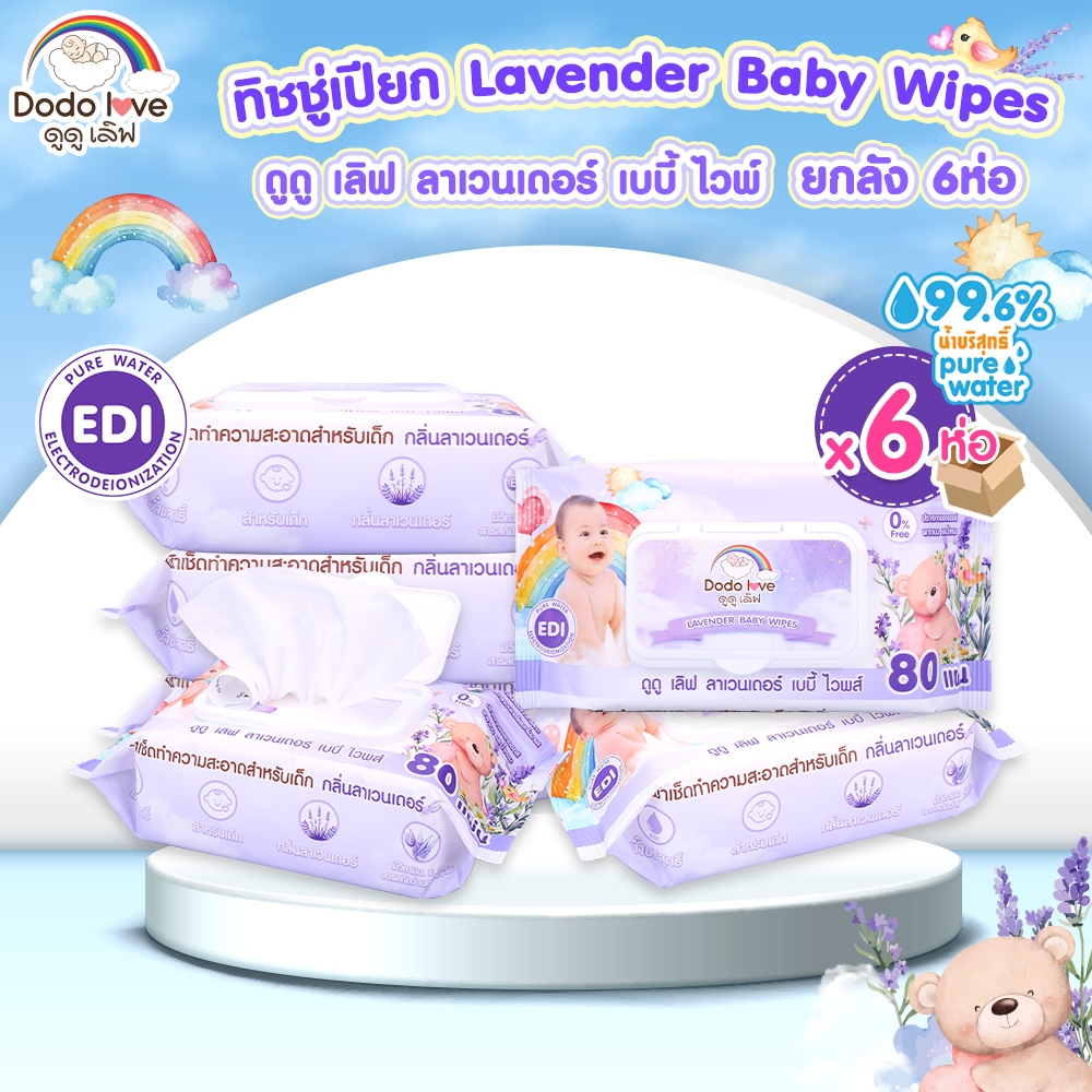 DODOLOVE ทิชชู่เปียกสำหรับเด็ก Baby Wipes ผ้าเช็ดทำความสะอาด 80 แผ่น ยกลัง 6 ห่อ