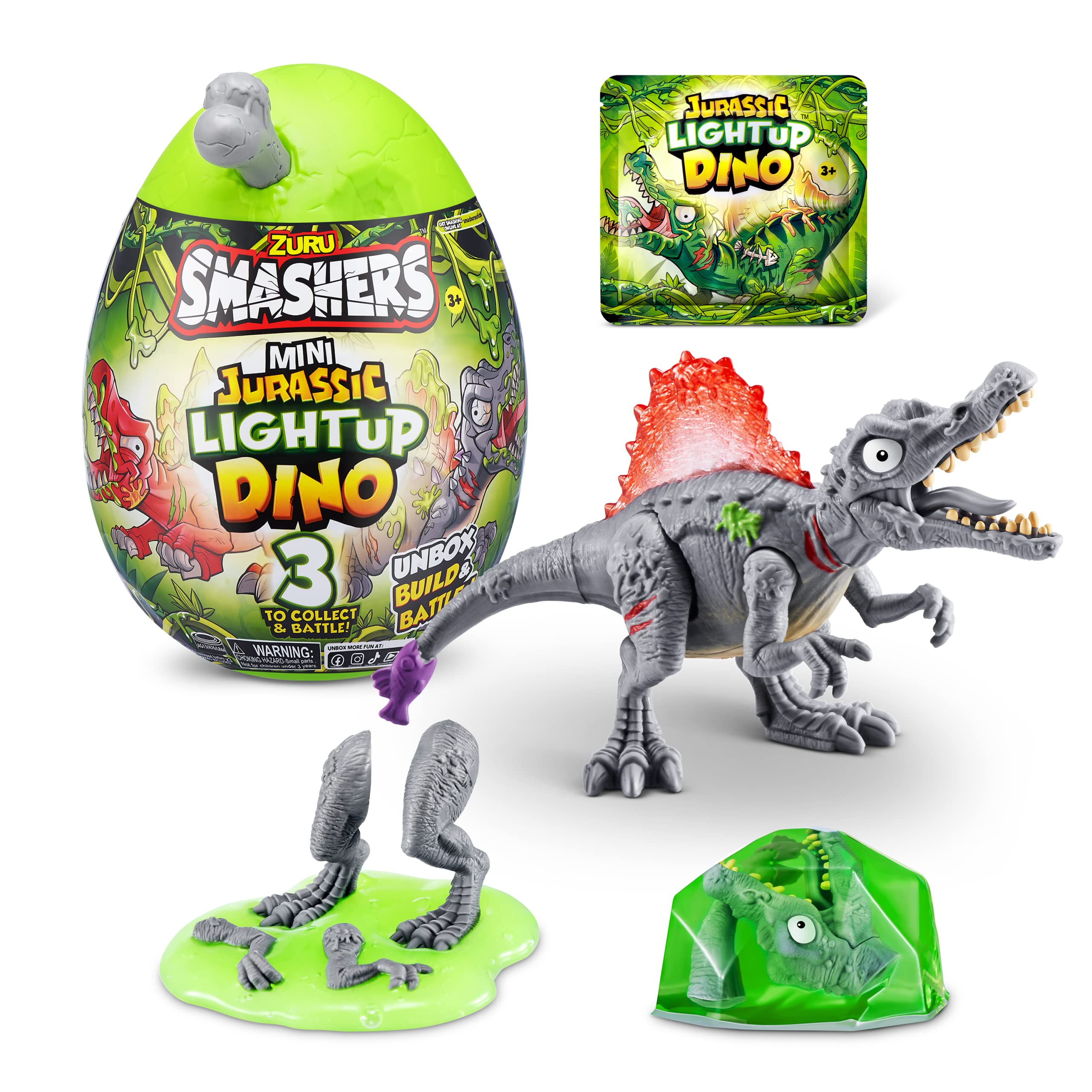 ZURU Smashers Mini Jurassic Light Up Dino Egg, Volcano Slime Fossil Toy Dinosaur T-Rex Toy for Boys 