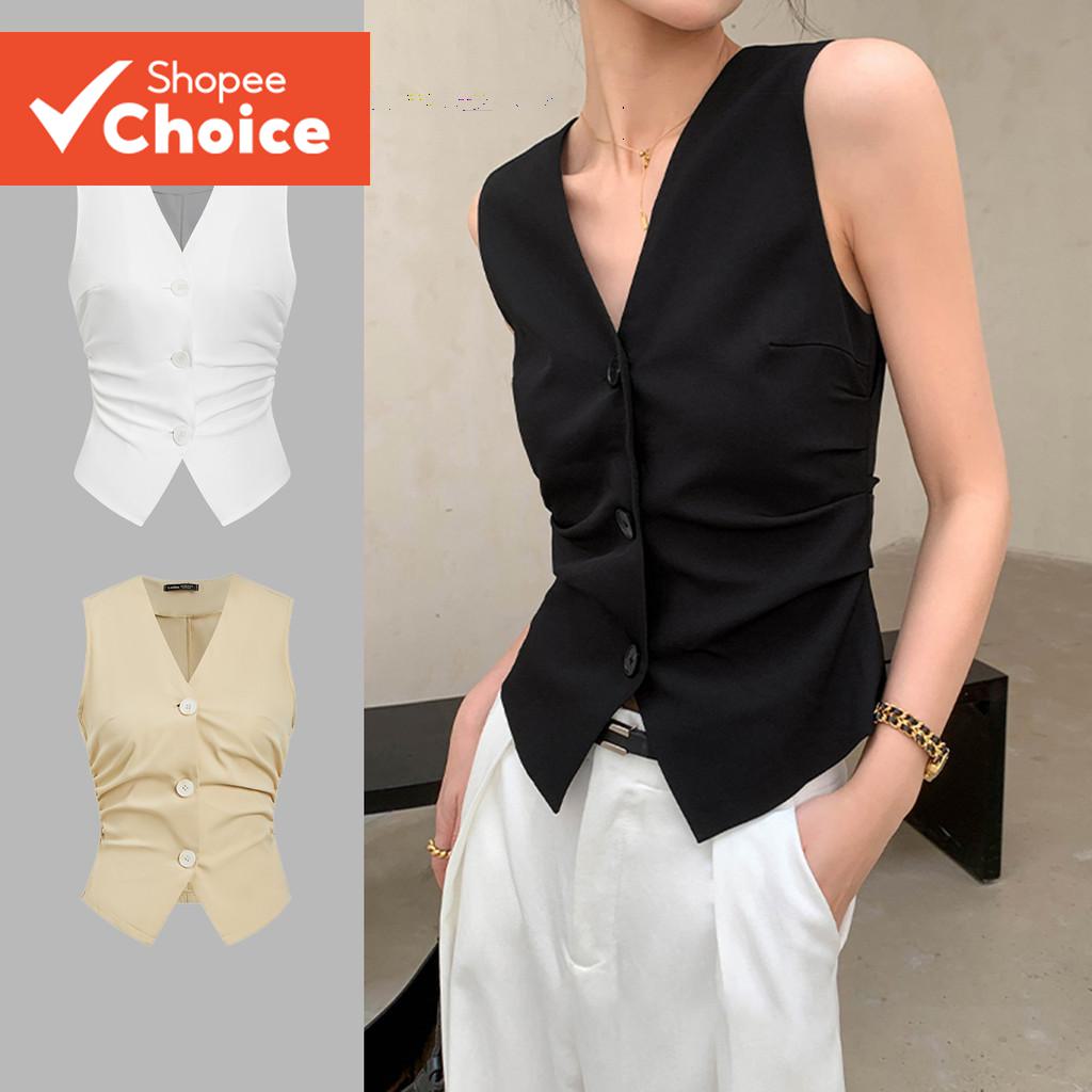 เสื้อกล้ามผู้หญิงแบบเรียบแต่งจีบพร้อมกระดุมหน้า รุ่น L65ED049 (หลากสี)