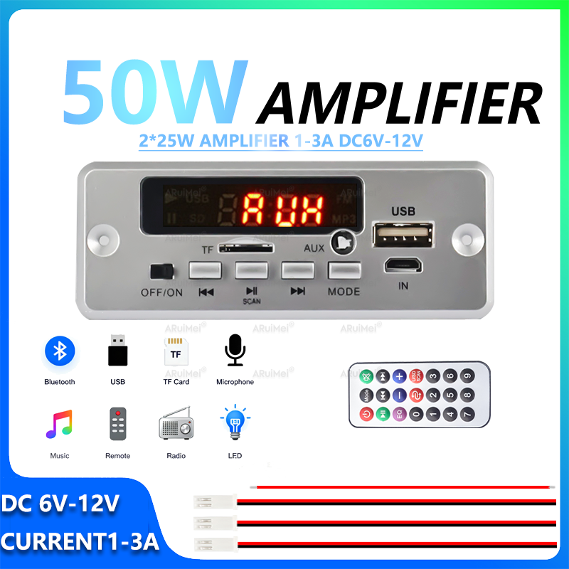 แผงขยายเสียงบลูทูธคลาส D กําลังไฟ 2x25W แรงดันไฟฟ้ากระแสตรง 6V-12V กระแสไฟ 1-3A พร้อมรีโมทคอนโทรล สายไฟเลี้ยง และสายไฟลําโพง เคสพลาสติกสีเงิน เหมาะสําหรับรถยนต์หรือเครื่องเสียงในบ้าน