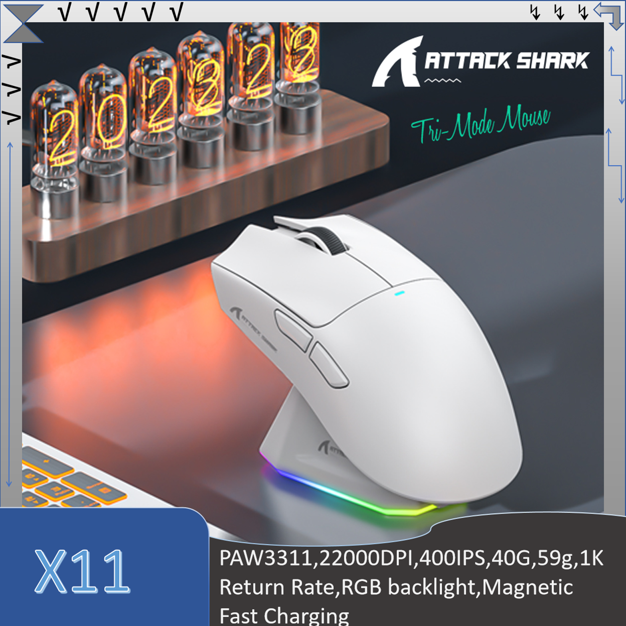 เมาส์เกมมิ่งน้ําหนักเบาแบบสามโหมด ATTACK SHARK X11, PAW3311, 22000DPI, 400IPS, 40G, 59g, อัตราการคืนค่า 1K, ไฟพื้นหลัง RGB, ชาร์จเร็วแบบแม่เหล็ก, ชิปเซ็ต Broadcom BK3633 ระดับสูง