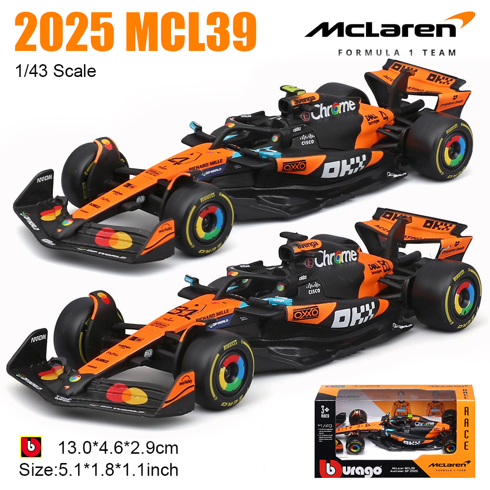 Bburago 1:43 โมเดลรถเหล็กหล่อ 2025 F1 McLaren MCL39 - #4 Lando Norris & #81 Oscar Piastri ของสะสม