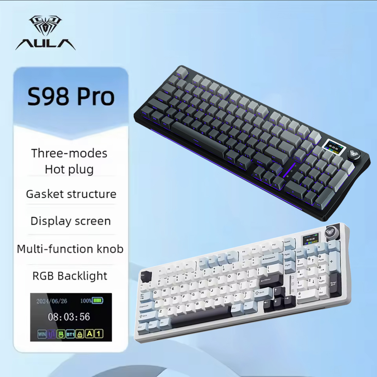 คีย์บอร์ด Aula S98 Pro โหมด 3 แบบ, ปุ่มกด PBT สลับร้อนได้, มีไฟ RGB พร้อมจอสี TFT, ปุ่มหมุนมัลติฟังก