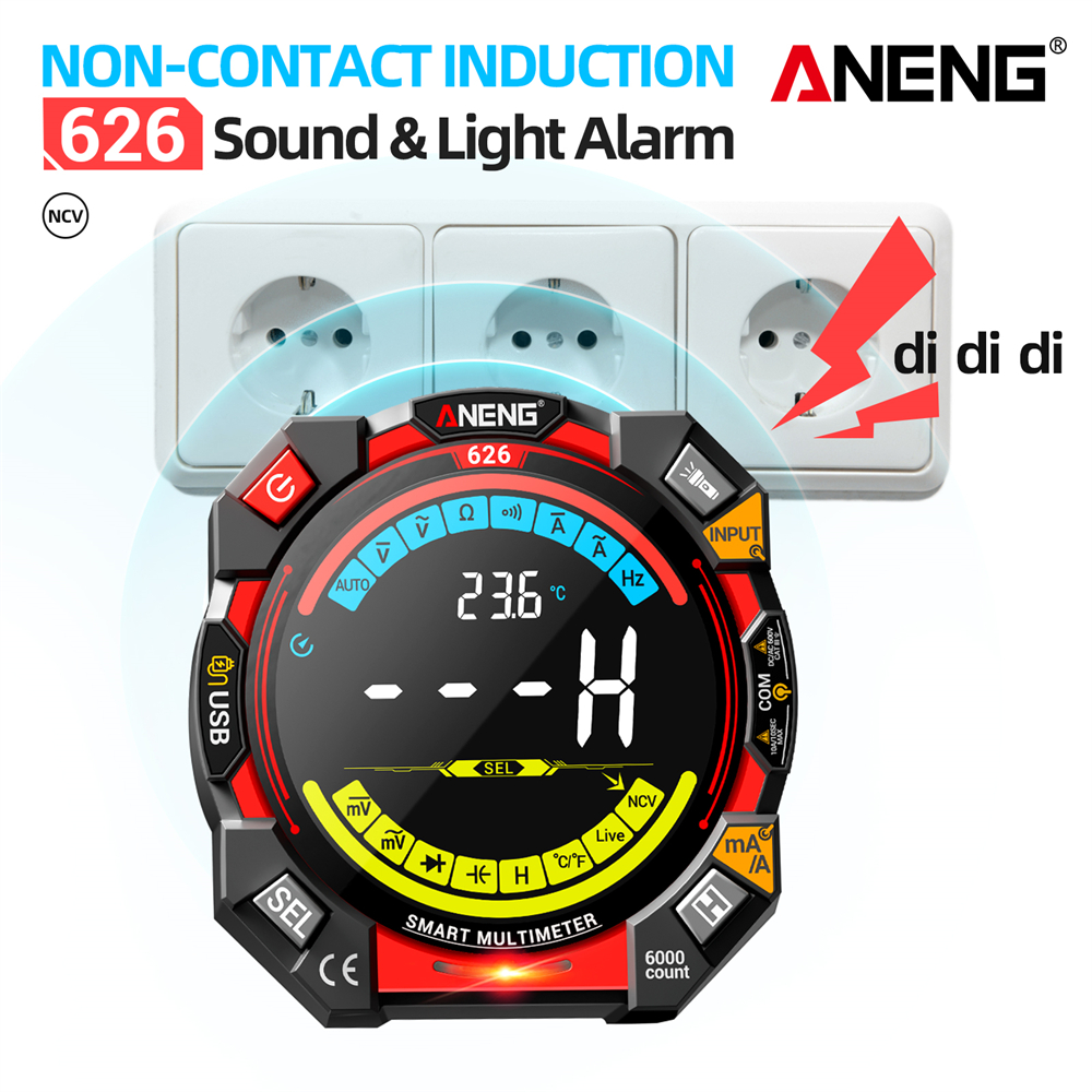 หนึ่งชุด ANENG 626 สมาร์ทมัลติมิเตอร์แบบชาร์จไฟได้, 6000 นับ True RMS, เครื่องทดสอบ AC/DC 600V, NCV,