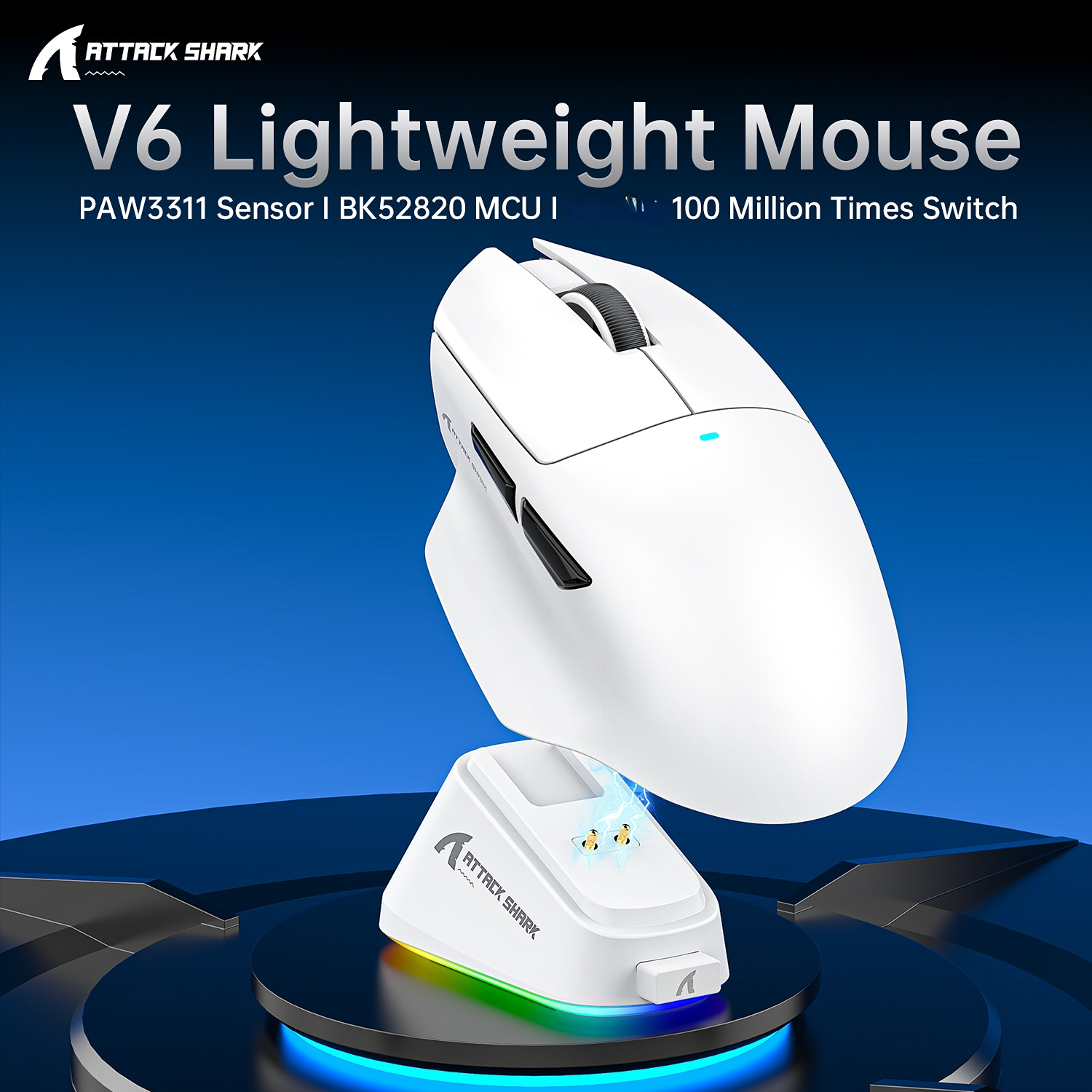 ATTACK SHARK V6 เมาส์สําหรับเล่นเกมไร้สาย Superlight พร้อมแท่นชาร์จแม่เหล็ก RGB PAW3311 เซ็นเซอร์เมาส์สําหรับเล่นเกมมาโคร