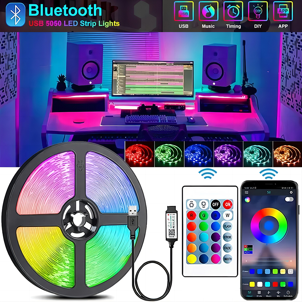 USB Bluetooth RGB LED Strip Light 5V – 5050 SMD Self กาวเทปยืดหยุ่นสําหรับ TV Desktop Decor 1-5M