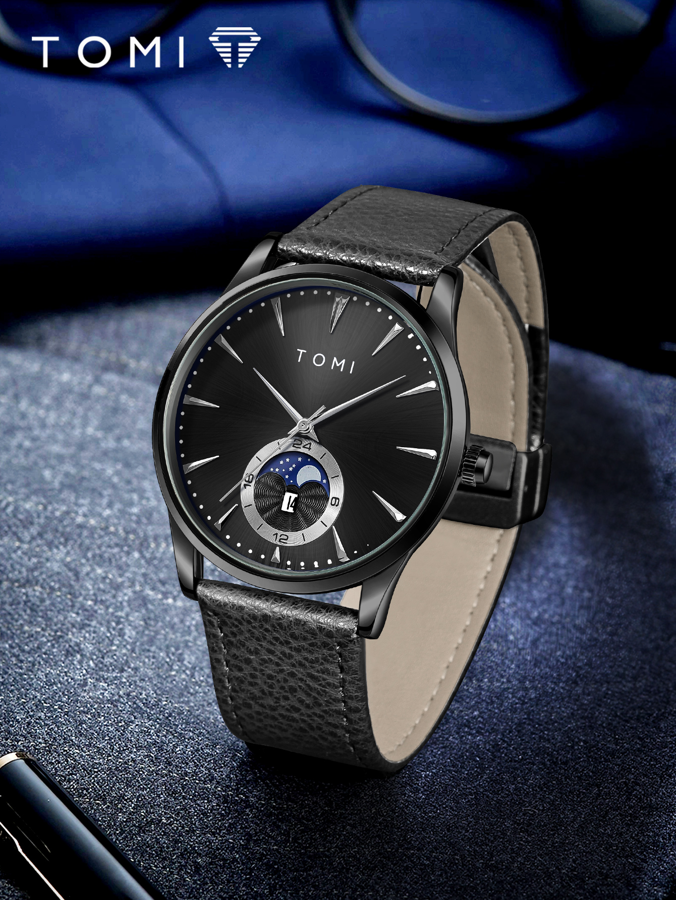 TOMI Mens Business Moon Phase Watch สายหนังสีดํา Blue Moon Phase & Date Display นาฬิกาข้อมือควอตซ์