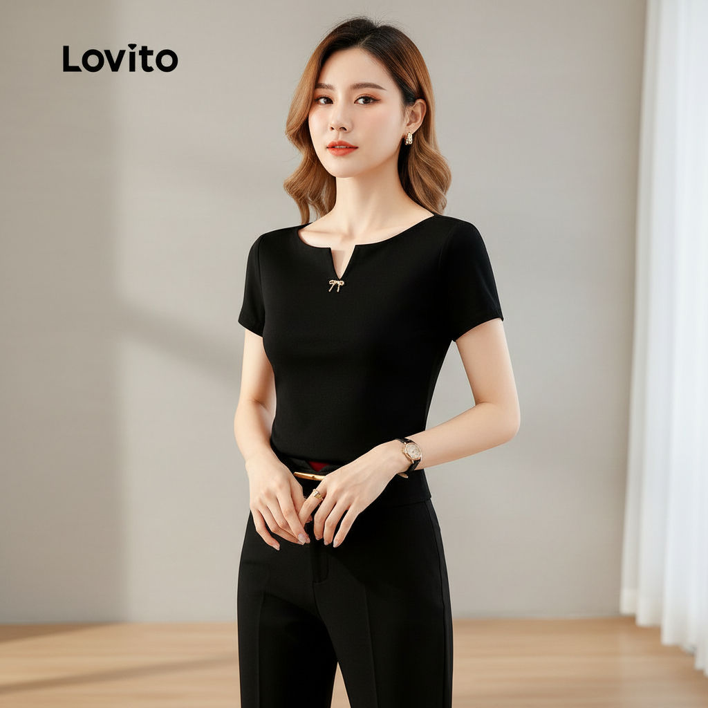 Lovito เสื้อลําลองสีดําสําหรับฤดูใบไม้ผลิ/ฤดูร้อน ดีไซน์เรียบง่าย L172ED448